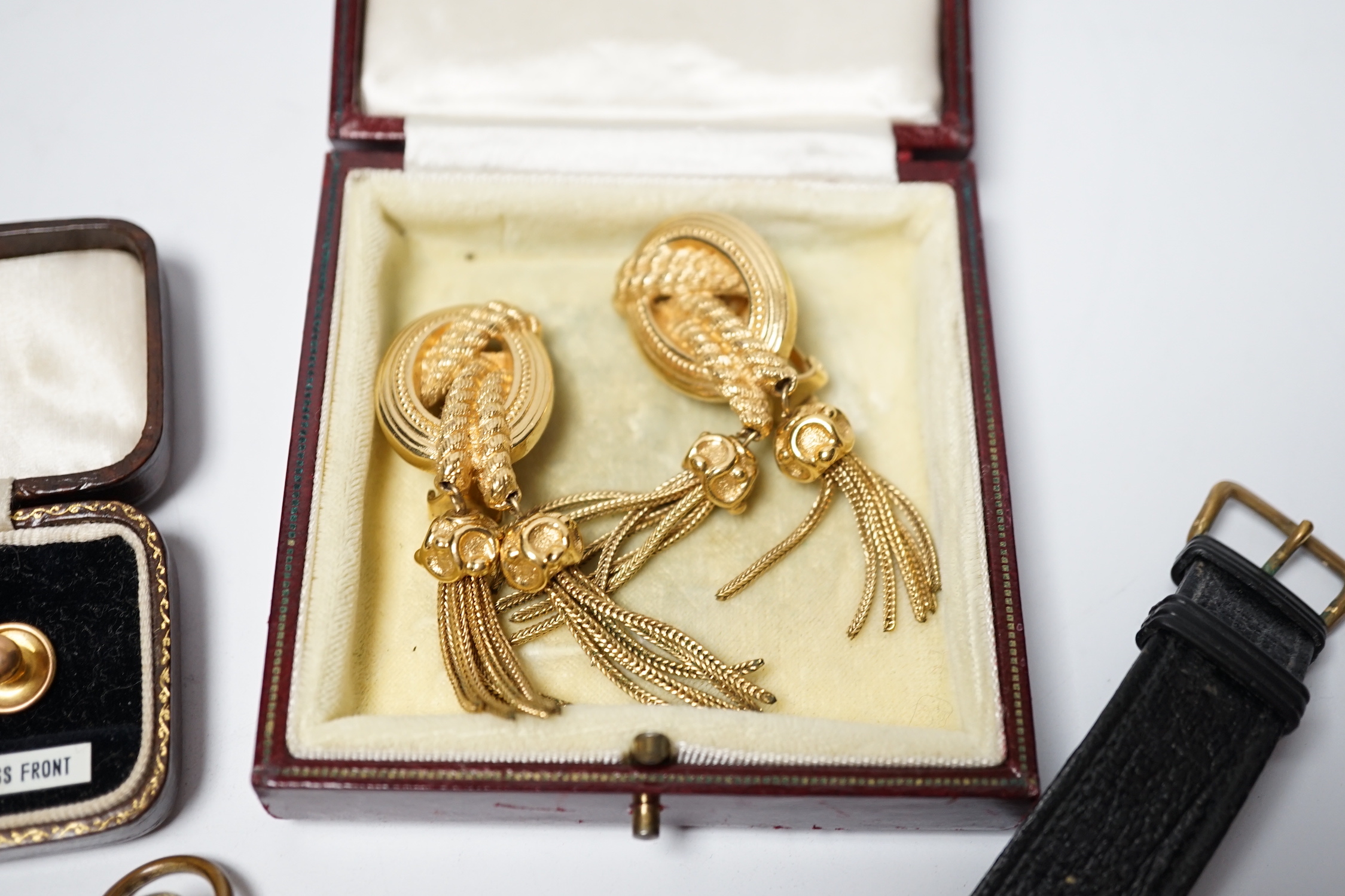 A pair of gilt metal Christian Dior tassel drop earrings and other jewellery, a wrist watch, pocket watch and a 9ct six piece dress stud set.